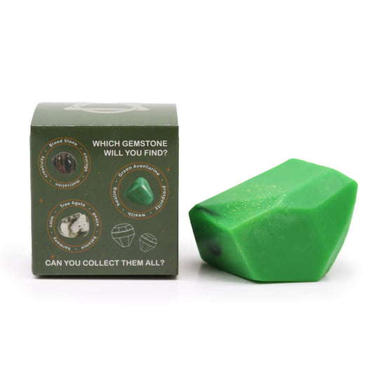 Lumaysa Flora & Fauna Crystal Soap – green gemstone-shaped bar with matching box; handcrafted vegan soap infused with earthy crystal energy