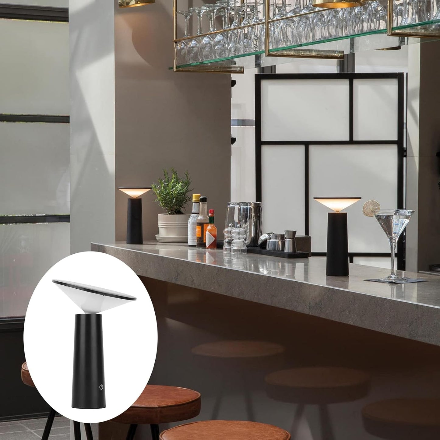 Lumaysa Black Mushroom Touch Table Lamp creating warm ambient lighting on a modern bar counter interior
