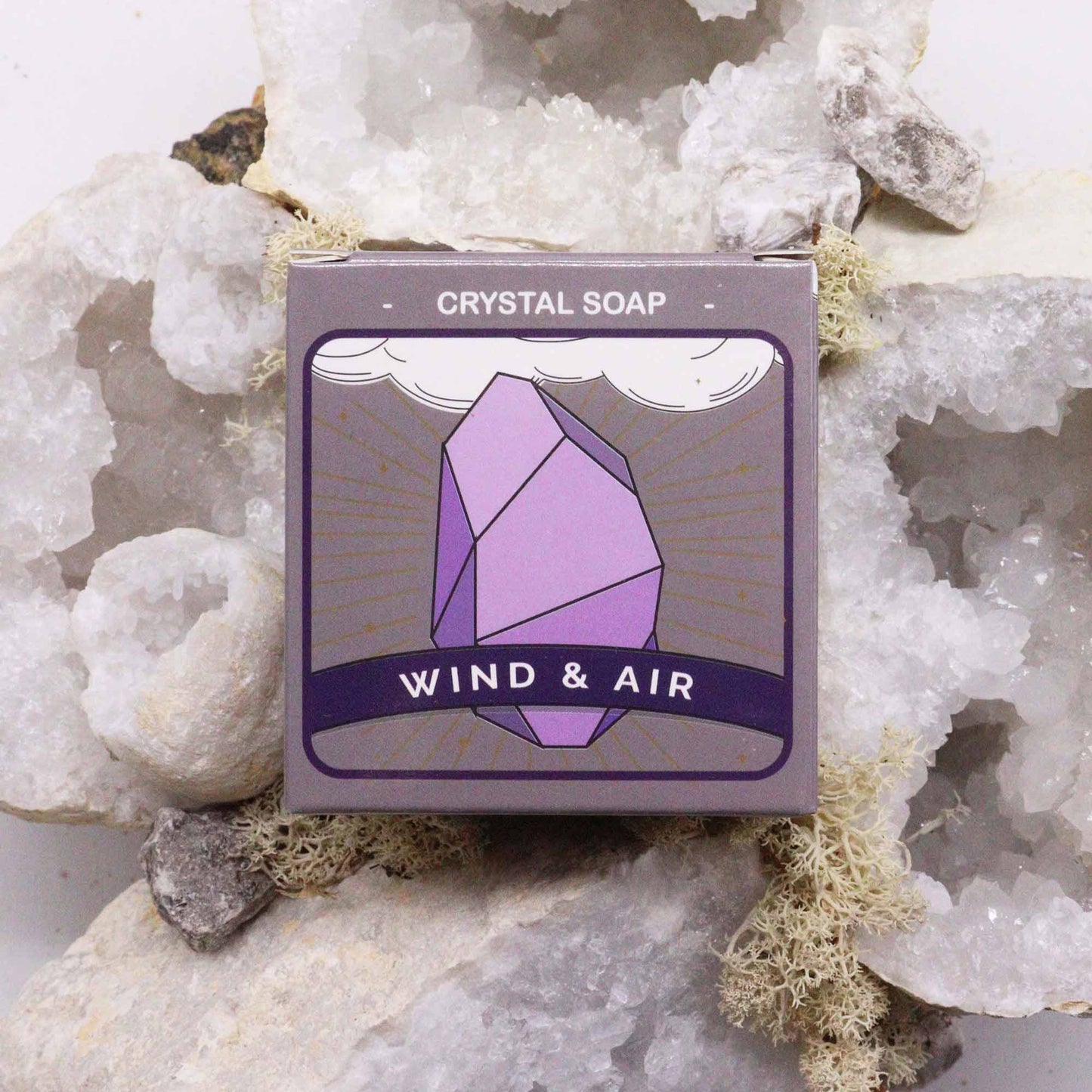Lumaysa Elemental Air Crystal Soap – Wind & Air edition with purple packaging displayed on crystals.