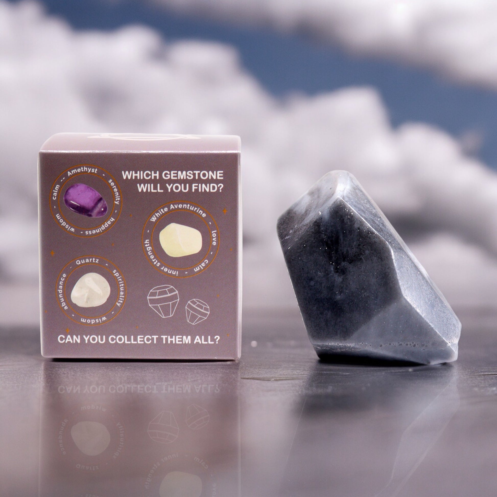 Lumaysa Elemental Air Crystal Soap – soap bar with hidden crystal and packaging showing gemstone options.