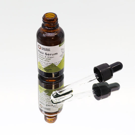 Lumaysa Herbal Harmony Elixir hair serum bottle with glass dropper, castor and argan oil blend for scalp balance and natural shine