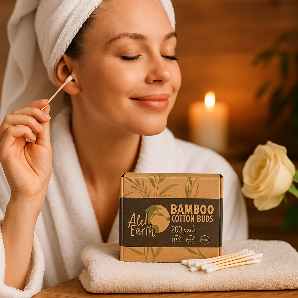 Woman using Lumaysa Bamboo Cotton Buds during a self-care routine, eco-friendly plastic-free cotton buds in sustainable packaging