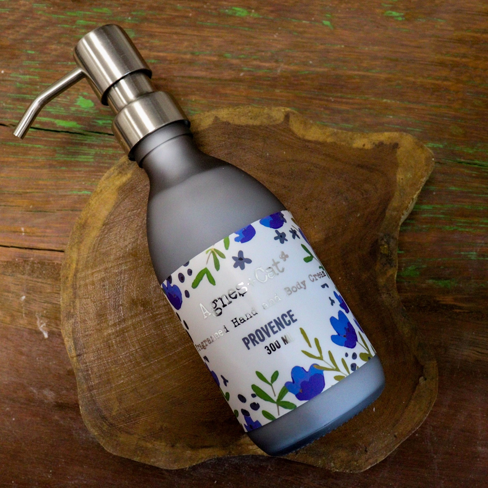 Lumaysa Lavender Provence Hand & Body Lotion (300ml) displayed on a rustic wooden surface, highlighting natural skincare and eco-friendly elegance.