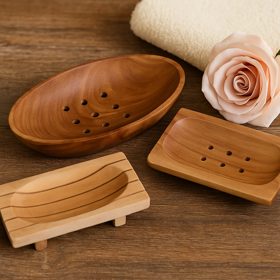 Lumaysa wooden soap dishes collection showing different mahogany designs for modern bathroom decor