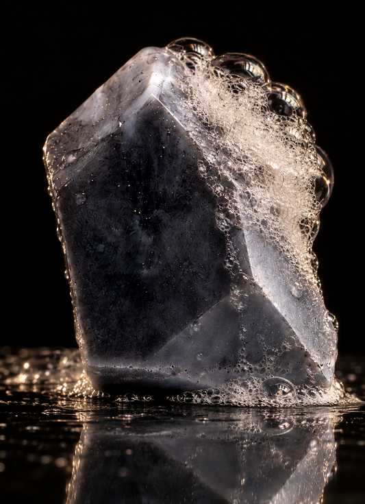 Charcoal-grey crystal-shaped soap with water droplets and natural lather cascading over its upper edge and side on a black reflective surface.
