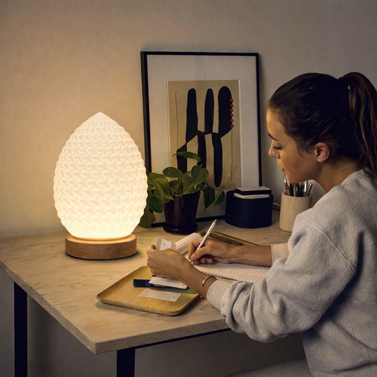 Lumaysa Aura Drop ambient table lamp with sculpted design, emitting soft, warm light for cozy interior lighting.