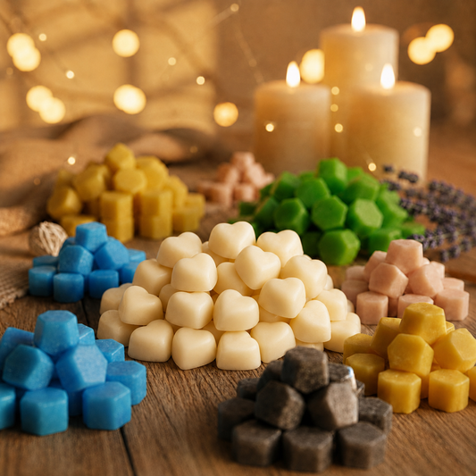 Cinnamon and Orange soy wax melts displayed with colourful melts and candles