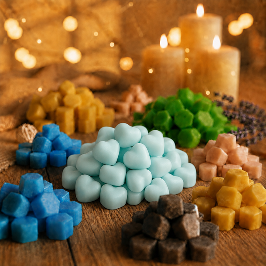 Nagchampa soy wax melts displayed with colourful melts and glowing candles