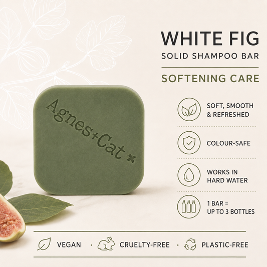 White Fig solid shampoo bar infographic highlighting softening care, colour safety and hard-water performance