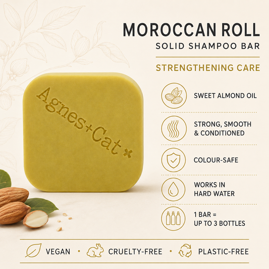 Moroccan Roll solid shampoo bar infographic with sweet almond oil and strengthening hair-care benefits