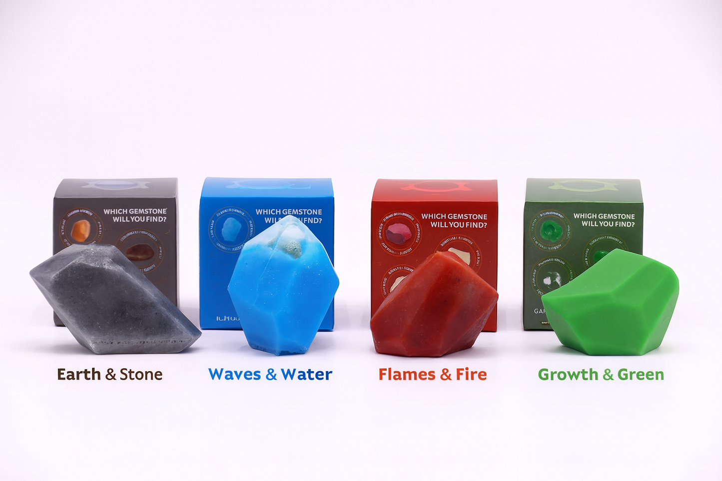 Lumaysa Crystal Soap Collection – four elemental soaps in Earth & Stone, Waves & Water, Flames & Fire, and Growth & Green on white background