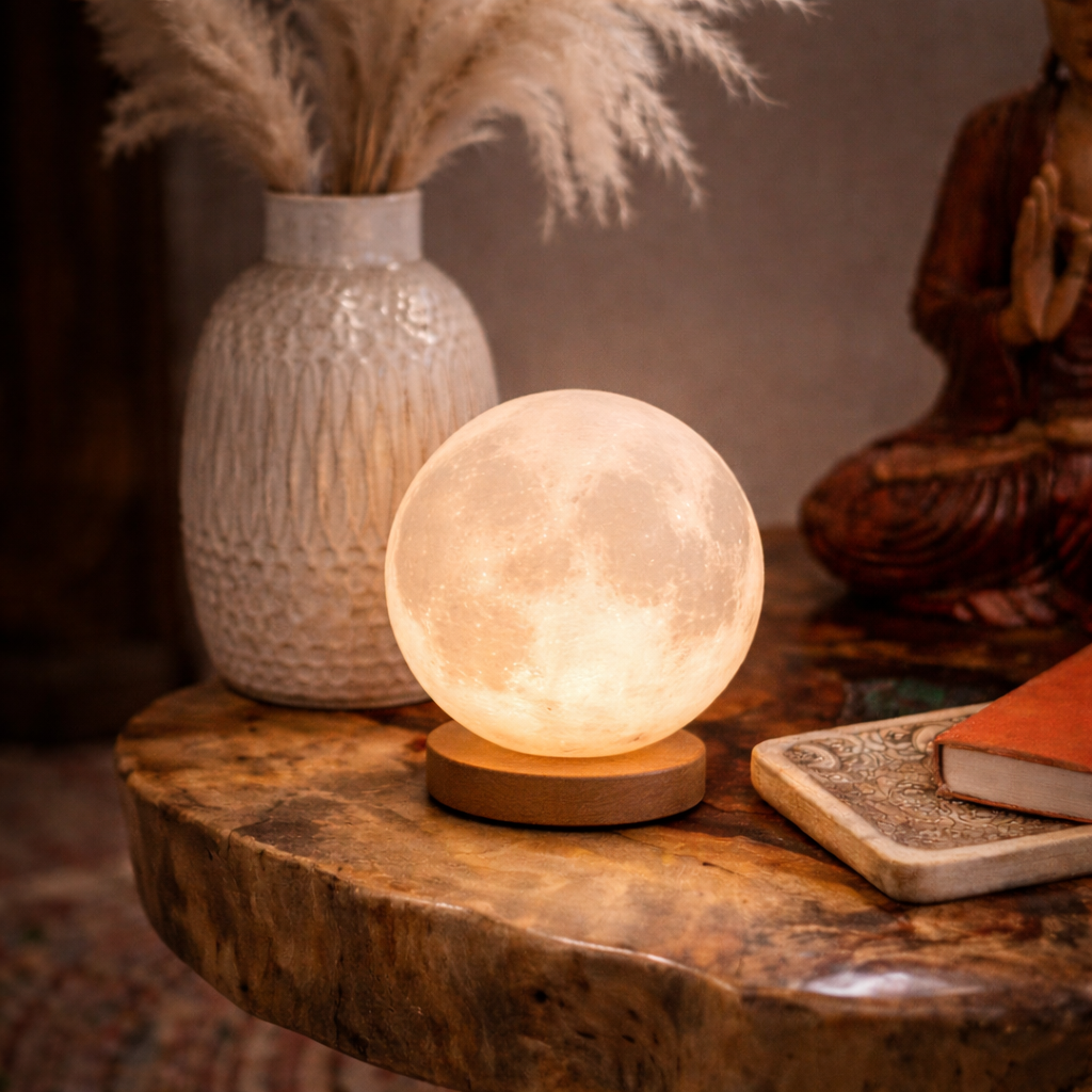 Lumaysa Moon Glow ambient table lamp styled in a cozy interior setting with warm LED light, wooden base, and natural decor accents.