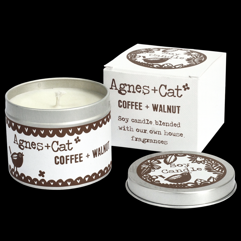 Lumaysa Mocha Indulgence Coffee & Walnut soy candle in tin with black background, elegant luxury candle packaging.