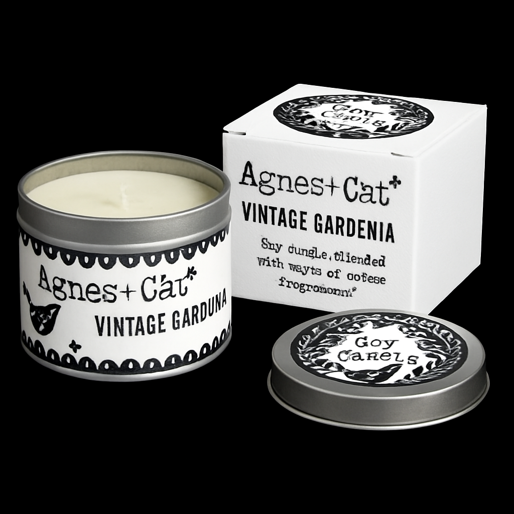 Lumaysa Vintage Gardenia Soy Candle by Agnes + Cat with packaging and lid on black background