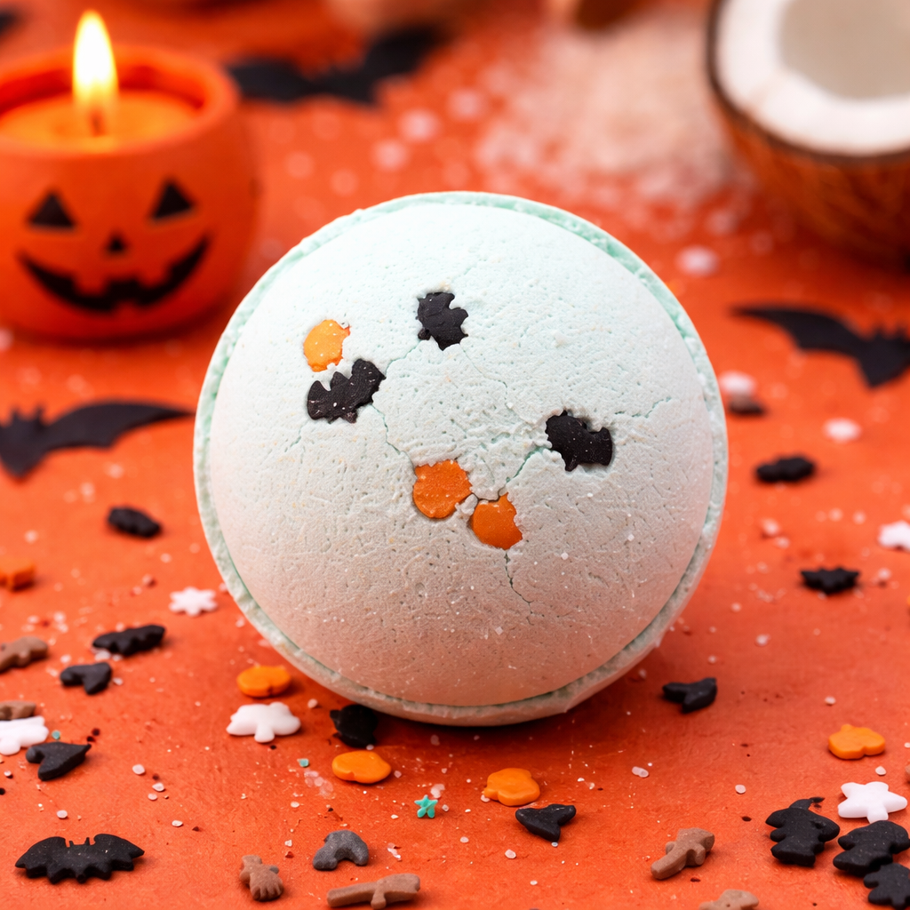 Lumaysa Spooky Splash coconut & lime Halloween bath bomb styled in a festive autumn setting with pumpkin candle and spooky details