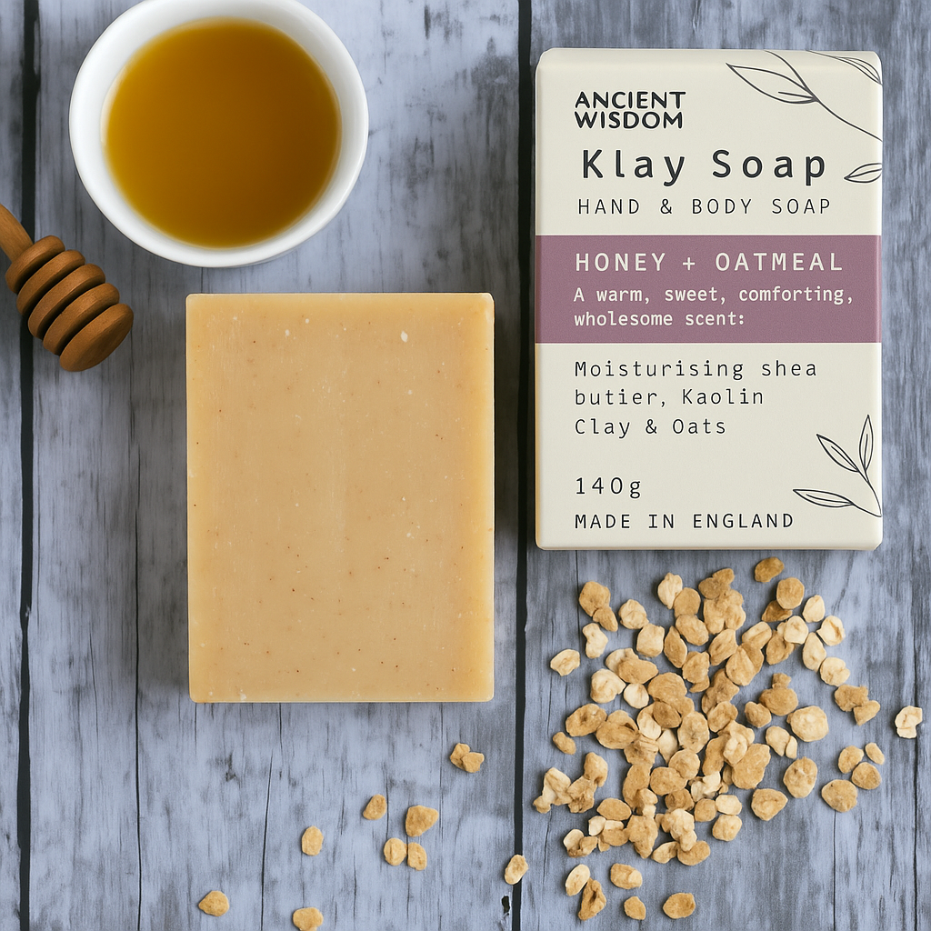 Honey & Oat Soothing Bar Soap with a honey jar, oat grains, and product label on wooden surface.