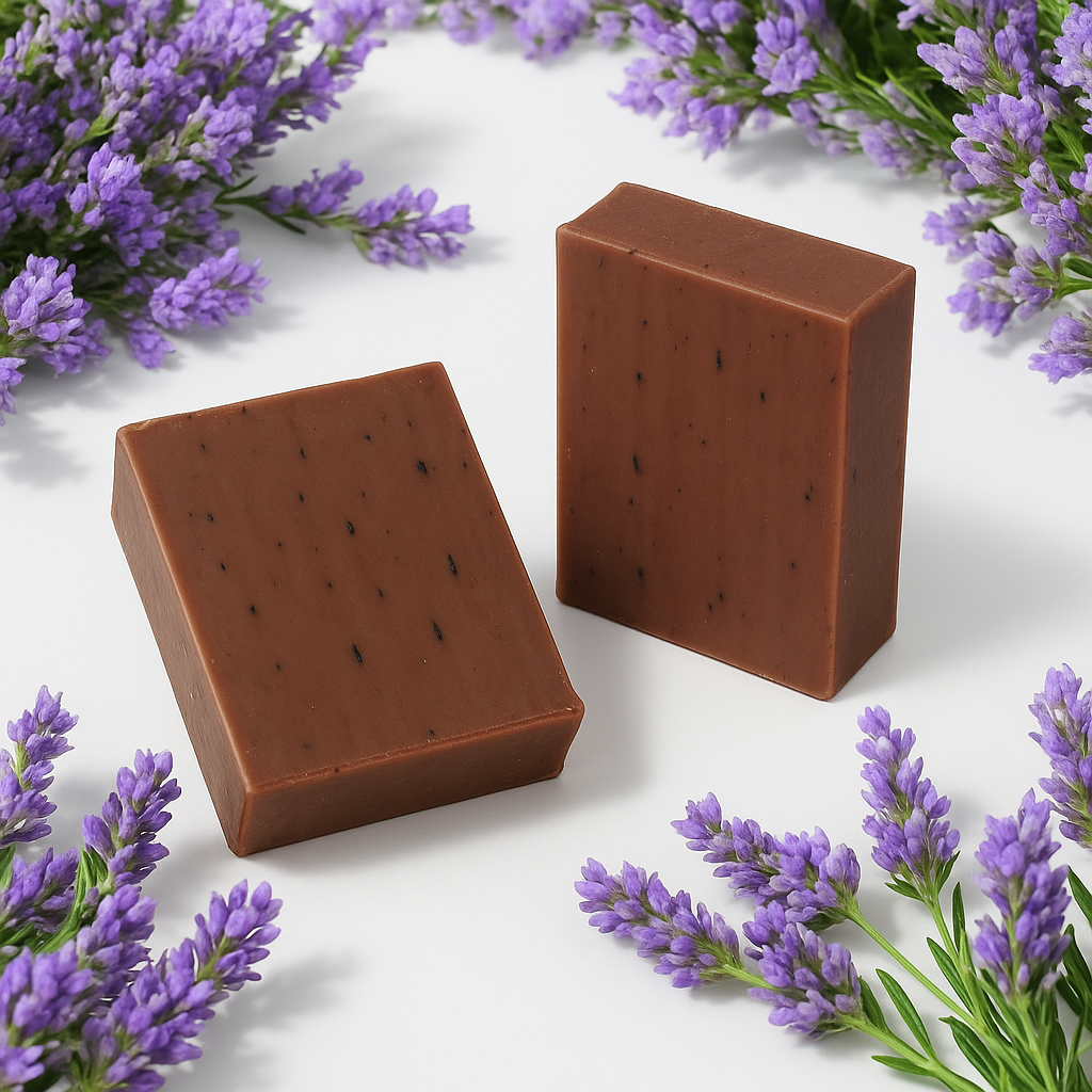 Natural Bar Soap – Lavender & Vanilla, two brown bars styled with fresh lavender sprigs on a light backdrop.