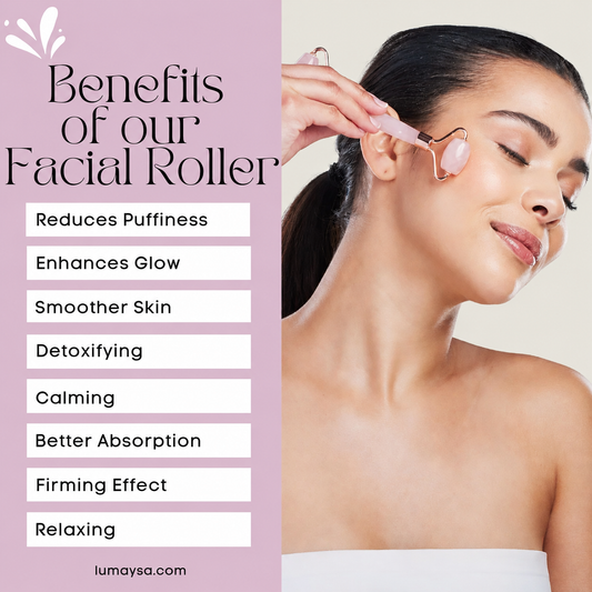Woman using a facial roller with benefits listed on a pink background