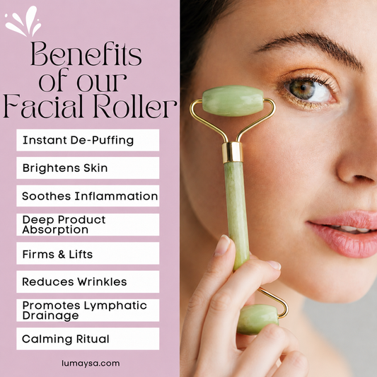 Facial roller being used on a woman's face with benefits listed on a pink background