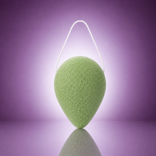 Antioxidant green tea konjac sponge with a white hanging string on a soft purple background.