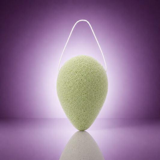 Aloe vera konjac facial sponge with a white hanging string on a soft purple background.