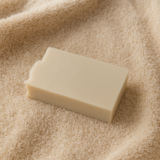 Lumaysa Heritage Bar – Donkey Milk & Olive Oil natural handmade soap, creamy off-white rectangular bar, photographed on a soft towel background.