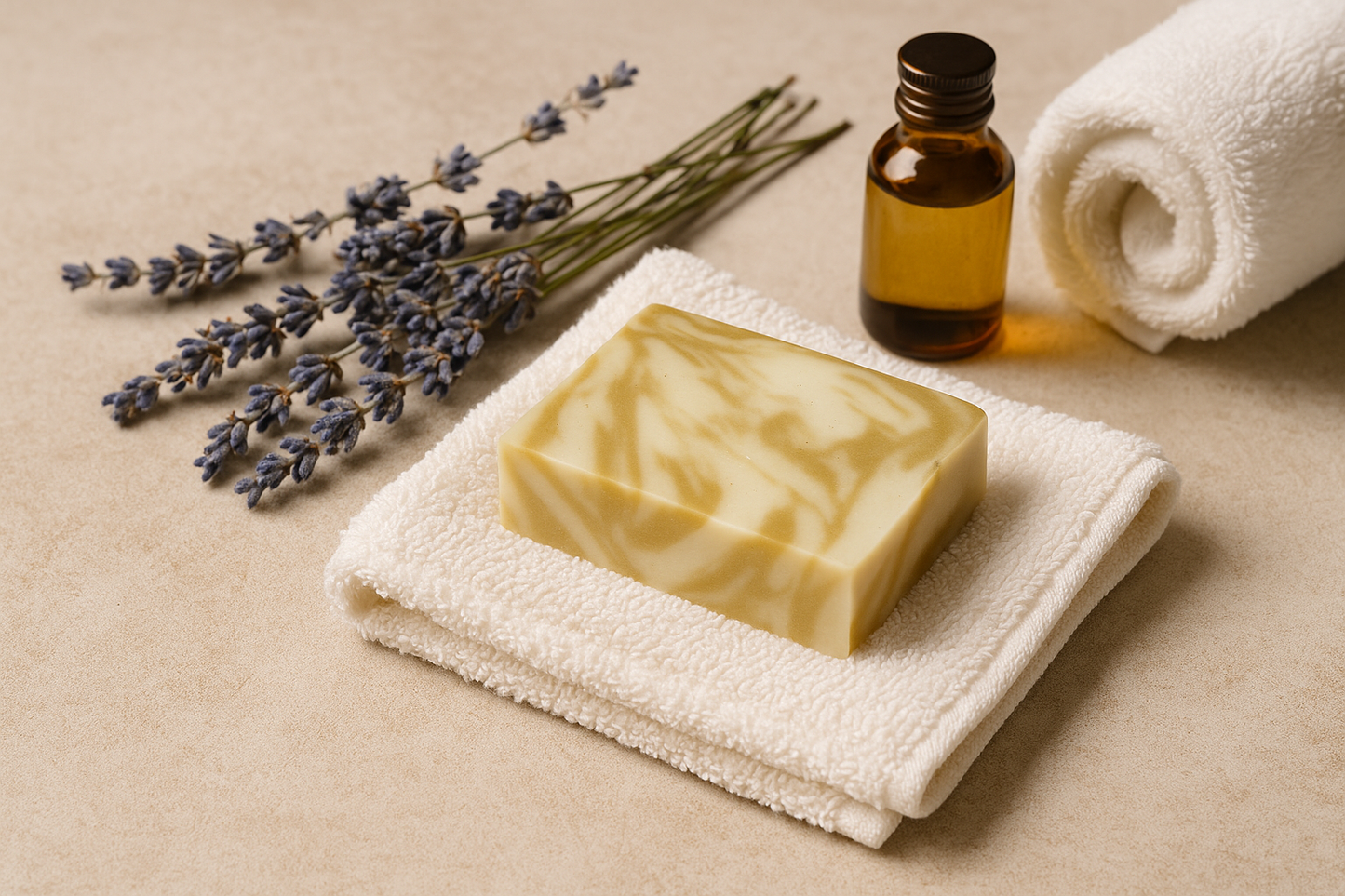 Lumaysa Silken Touch – Argan & Olive soap bar placed on a soft towel with lavender sprigs and an essential oil bottle, spa-inspired setting.