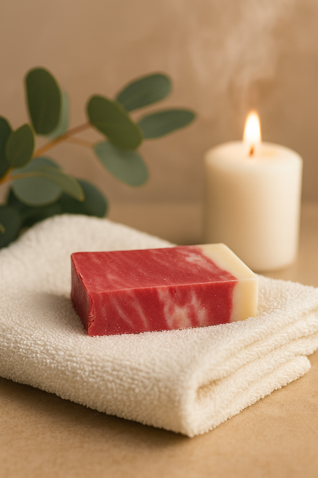 Lumaysa Rosy Vibes rosehip & olive oil soap — red/cream marbled bar on a white towel with candle and eucalyptus, spa scene