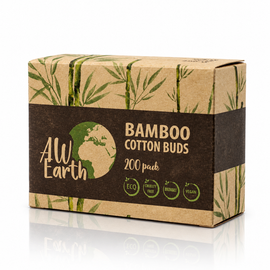AW Earth bamboo cotton buds box on a white background with a soft reflection beneath the packaging.