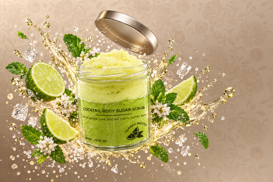 Classic Mojito sugar body scrub in a glass jar, surrounded by fresh lime slices, mint leaves, sugar crystals and a dynamic golden splash.