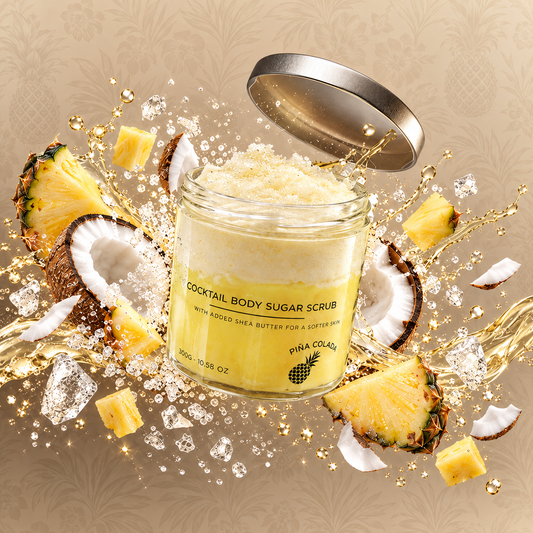 Piña Colada sugar body scrub in an open glass jar, surrounded by pineapple, coconut, sugar crystals and a dynamic golden splash.