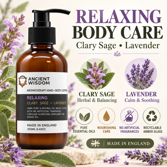 Ancient Wisdom Relaxing Hand & Body Lotion infographic featuring Clary Sage and Lavender, pure essential oils, nourishing care and recyclable amber glass packaging.