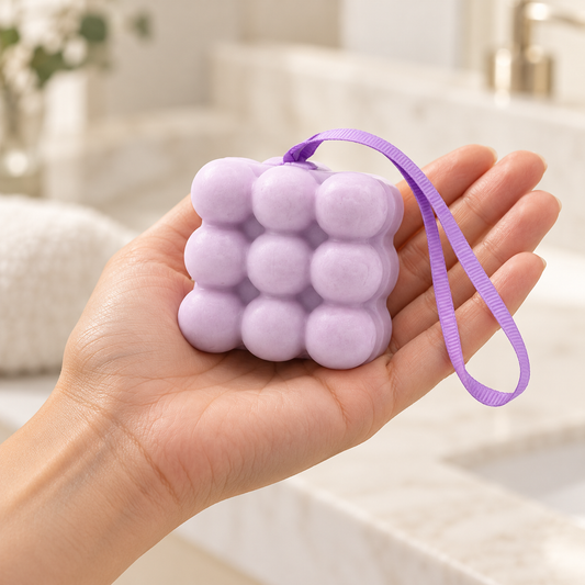 Pale lavender massage soap with nine rounded bumps and a purple hanging ribbon resting in an open hand to show its approximate size.