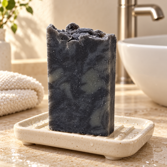 Dark grey handmade soap bar with swirled patterns on a cream ceramic soap dish beside a bathroom sink in soft natural light.
