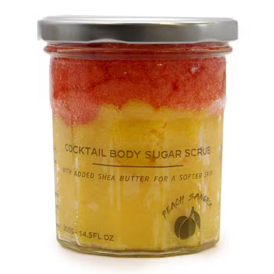 Lumaysa Sunset Glow Peach Sangria Sugar Body Scrub – vibrant two-tone sugar scrub in a glass jar with silver lid, showing orange and yellow layers.