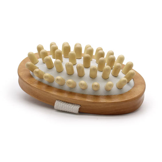 Close-up of Lumaysa Wood Therapy massage brush with rounded wooden nodes, manual body massager for circulation support on a white background