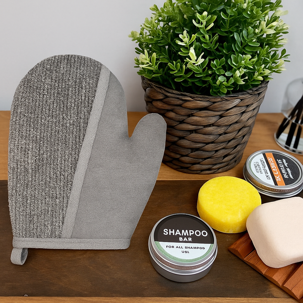 Lumaysa Detox Glove displayed with shampoo bar and soap, eco-friendly bamboo and linen exfoliating glove for spa-like body care.