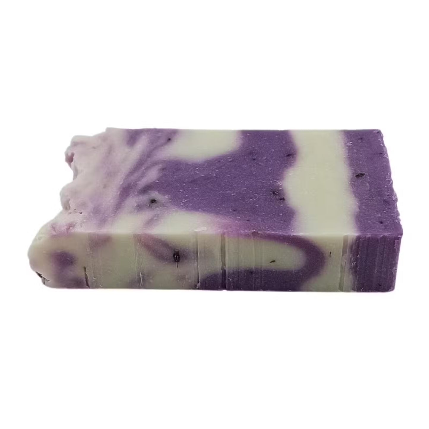 Rectangular lavender swirl handmade soap bar on a white background