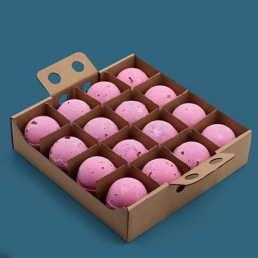 Lumaysa Rose Petals Spa Bath Bomb Set of 16 in eco-friendly cardboard packaging, premium handmade bath bombs gift box for self-care and wellness