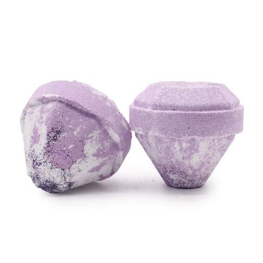 Two Lumaysa Extreme Fragrance gemstone bath bombs showing jewel-cut design and purple marbled texture, handmade luxury bath bombs with hidden gemstone surprise