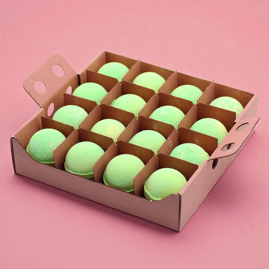 Lumaysa Fresh Mint spa bath bomb set of 16 arranged in eco-friendly cardboard gift box, premium handmade peppermint and tea tree bath bombs