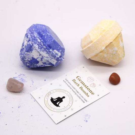 Natural gemstones included inside Lumaysa gemstone bath bomb with informational card, surprise crystal bath experience and luxury self care