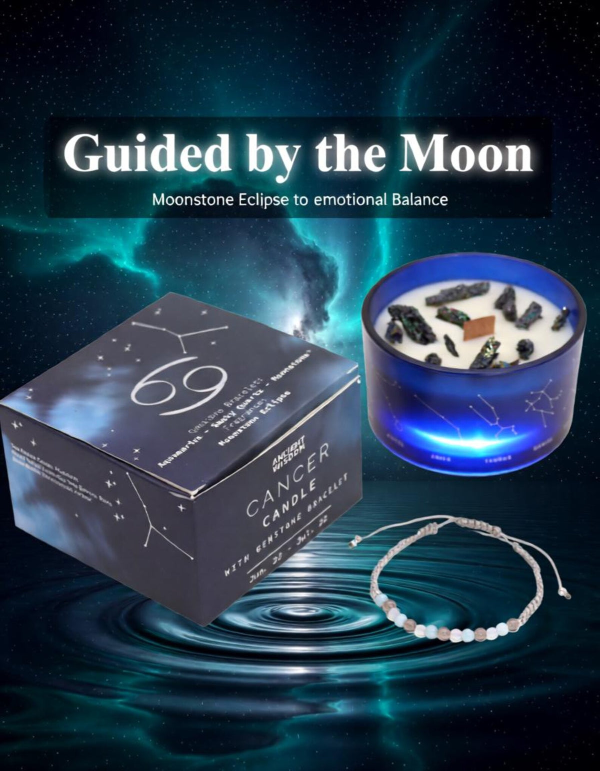 Cancer Zodiac crystal soy candle with gemstone bracelet and gift box against a moonlit celestial background