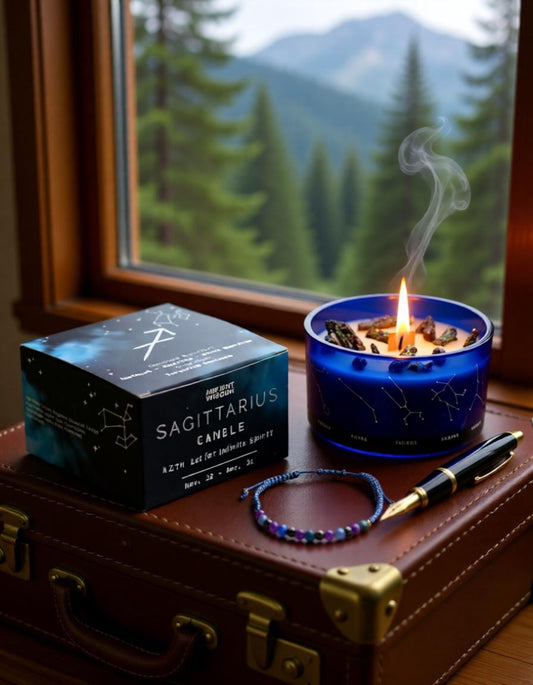 Lit Sagittarius Zodiac crystal soy candle with gemstone bracelet and gift box by a mountain-view window