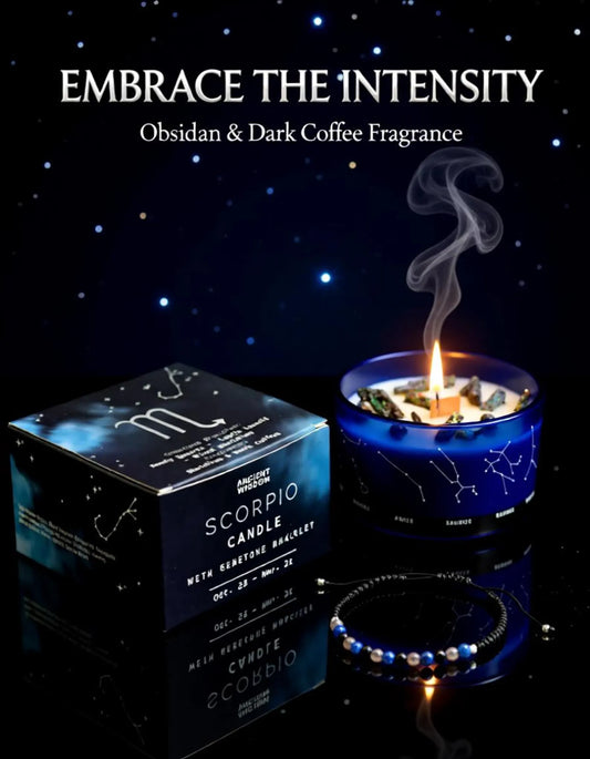 Scorpio candle with packaging and bracelet on a dark background with text 'Embrace the Intensity'.