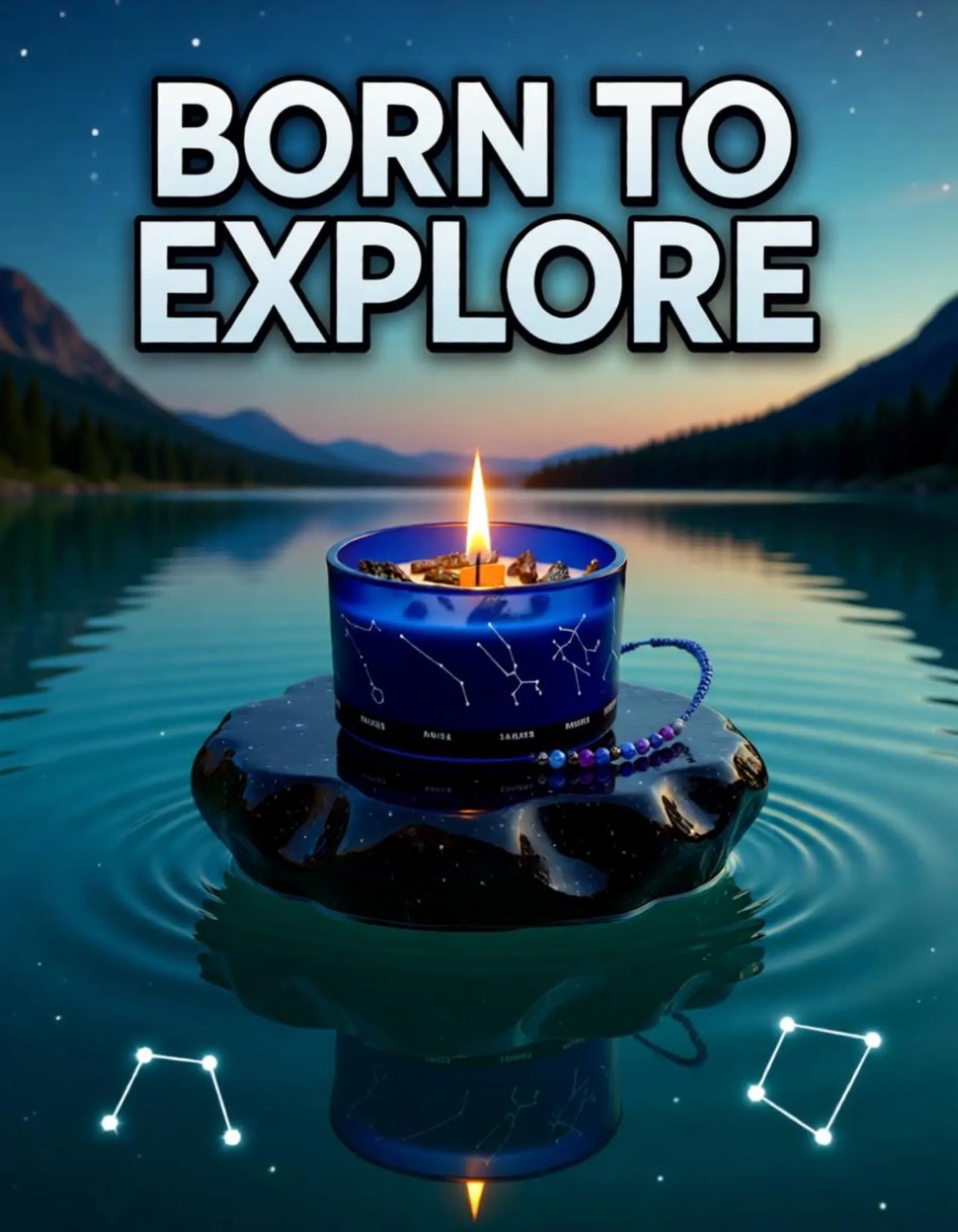Virgo zodiac harmony candle in a blue holder floating on water with the text “Born to Explore” above a mountain lake background.