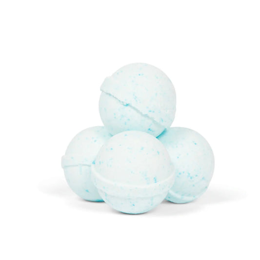 Three Lumaysa Ocean Breeze spa bath bombs in clean minimalist presentation, handmade sea salt bath bombs for modern home spa rituals