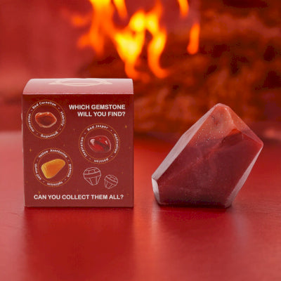 Lumaysa Flames & Fire Crystal Soap – red gemstone-shaped bar with gift box on fiery background; handcrafted vegan crystal soap