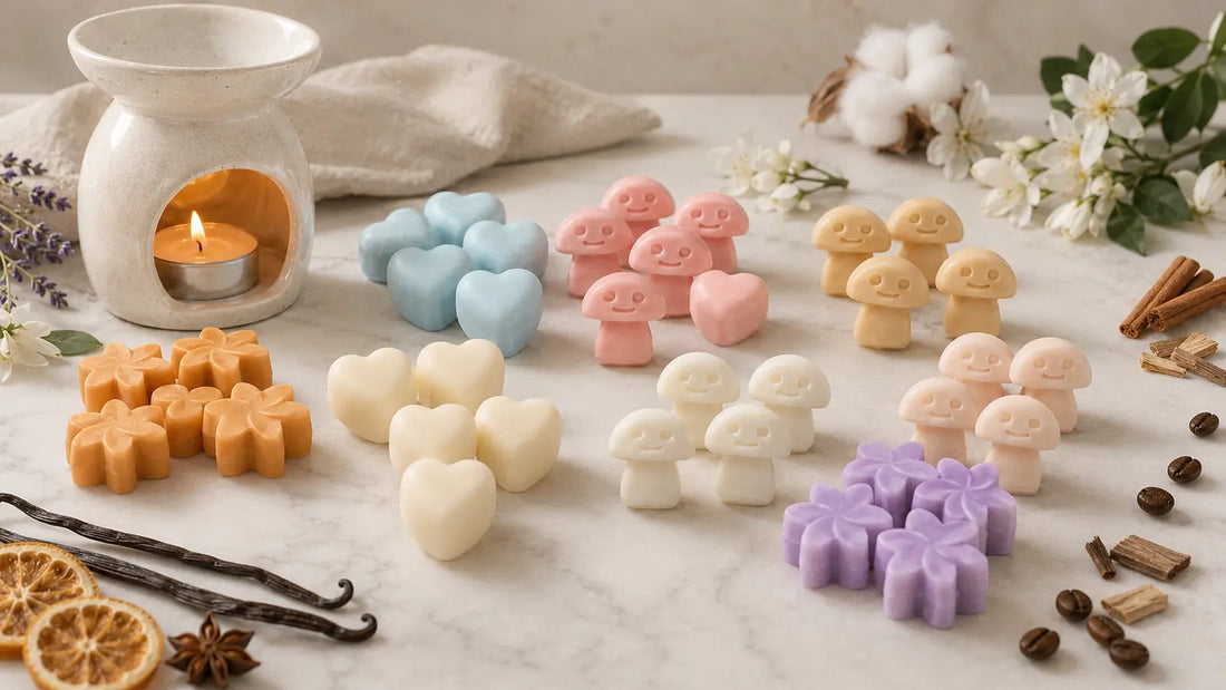 Eight Lumaysa soy wax melt fragrances displayed beside a ceramic wax burner