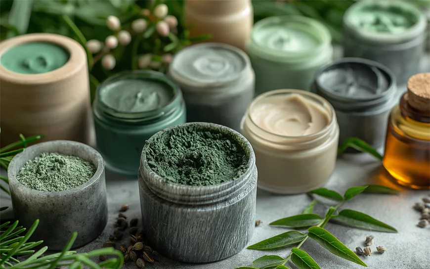 natural skincare products with organic ingredients and green clay masks